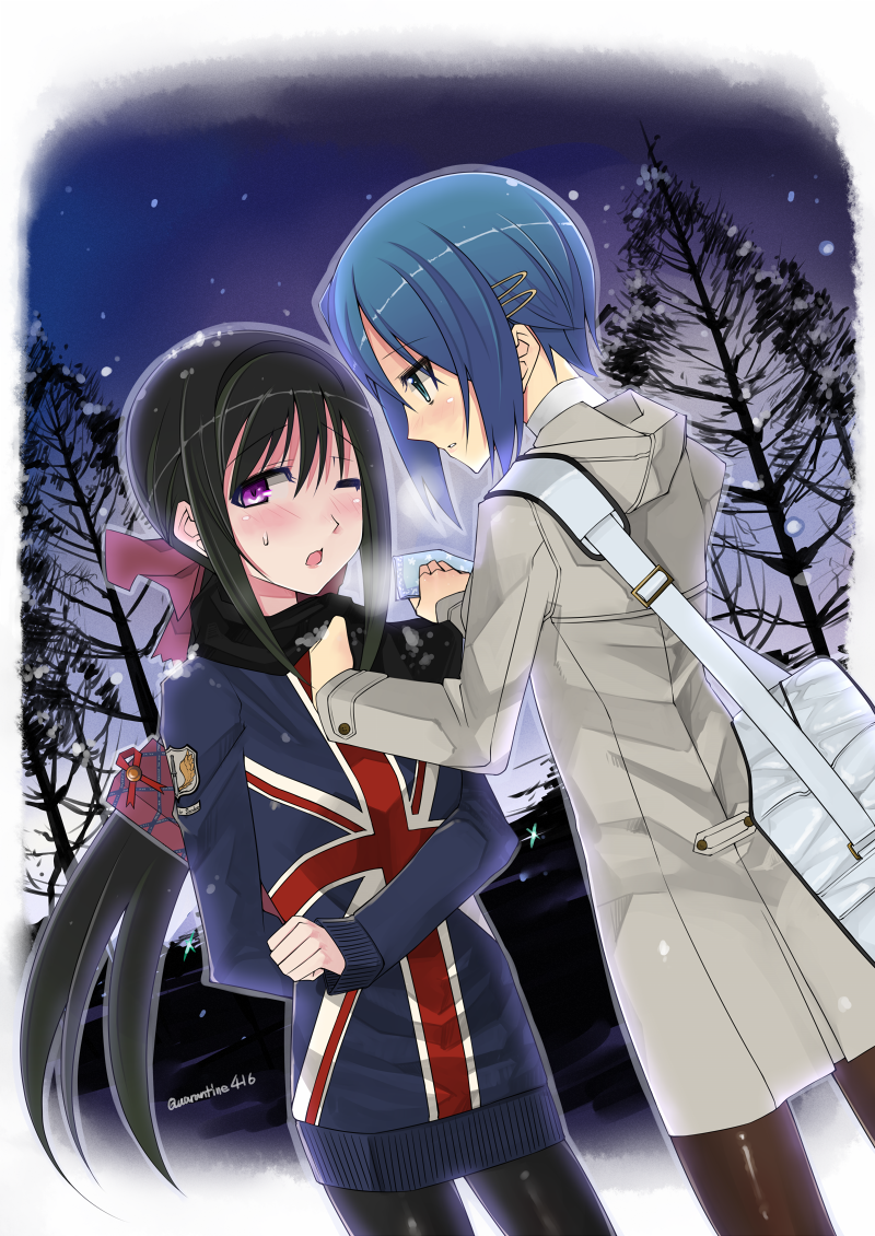 akemi_homura, alternate_hairstyle, bag, black_hair, blue_eyes, blue_hair, blush, bow