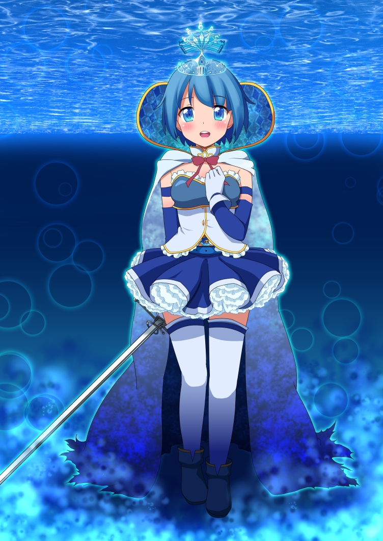 armband, blue_eyes, blue_hair, cape, frills, gloves, kuri_youkan, magical_girl