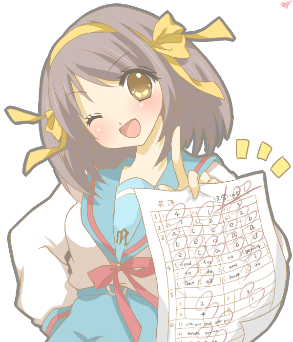 brown_hair, hair_ribbon, hairband, mashiro_momo, ribbon, school_uniform, short_hair, suzumiya_haruhi, suzumiya_haruhi_no_yuuutsu, test, test_paper, test_score, wink