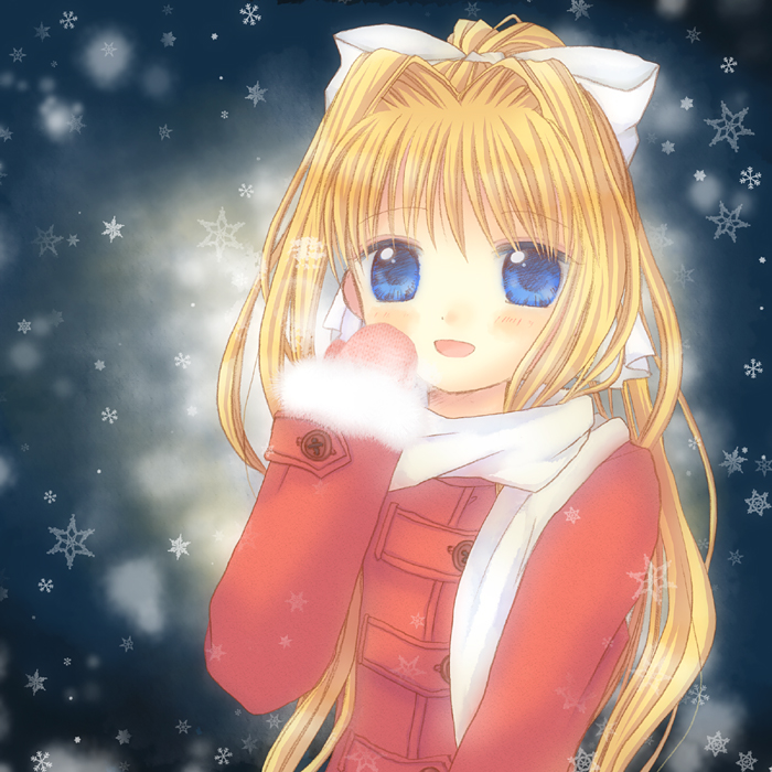 blonde_hair, blue_eyes, coat, hinokami_sakura, kamio_misuzu, long_hair, mittens, ponytail