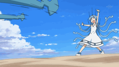 animated, animated_gif, blue_hair, dodging, dress, gif, hat, ikamusume, long_hair, lowres, shinryaku!_ikamusume, solo, tentacle, tentacle_hair, tentacles