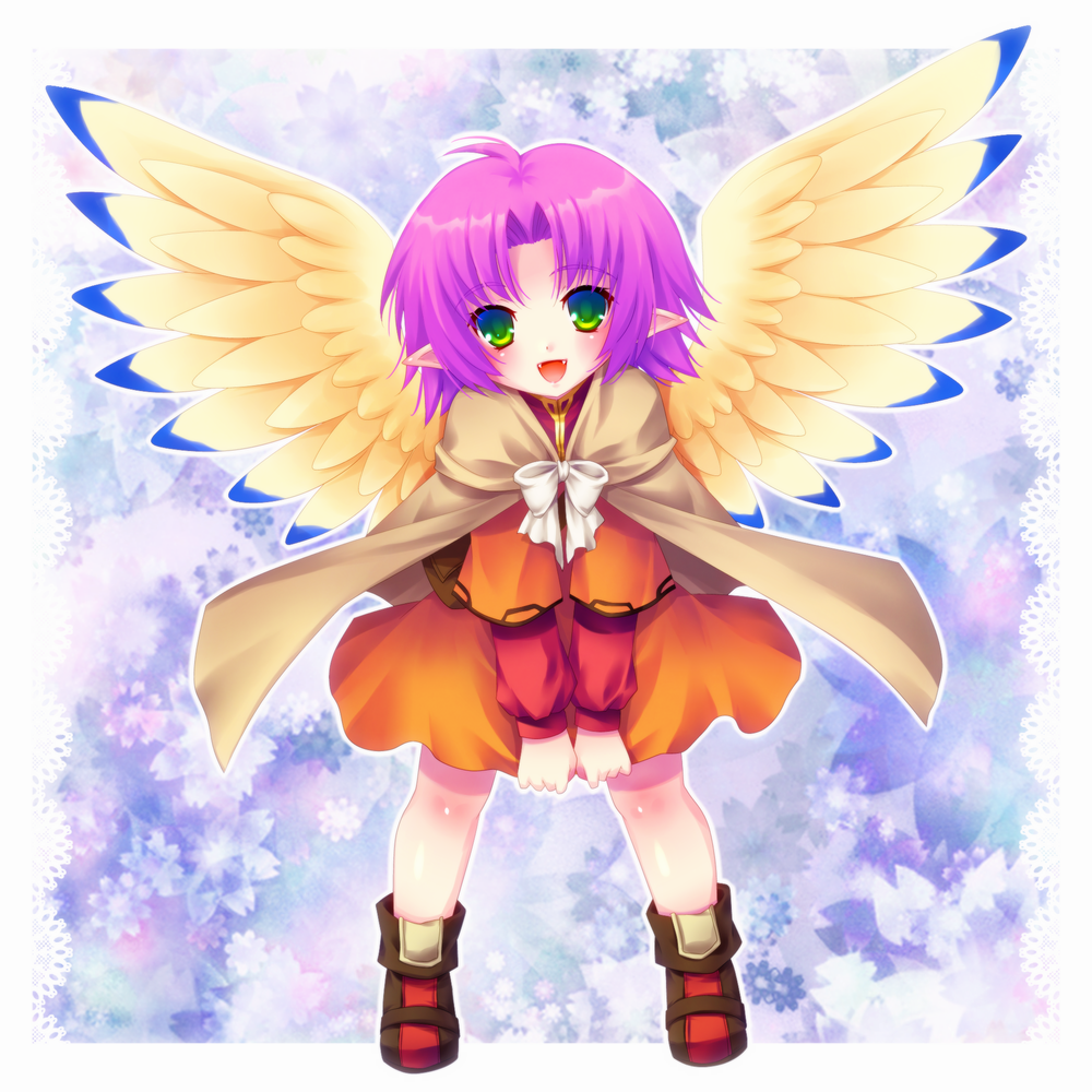 bad_id, cape, character_request, child, dress, fa, fa_(fire_emblem), feathered_wings, fire_emblem, fire_emblem:_fuuin_no_tsurugi, fire_emblem_fuuin_no_tsurugi, minatosaiga, open_mouth, orange_dress, pointy_ears, purple_hair, solo, wings