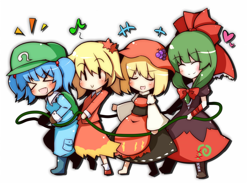 >_<, 4girls, :>, :d, aki_minoriko, aki_shizuha, backpack, bag