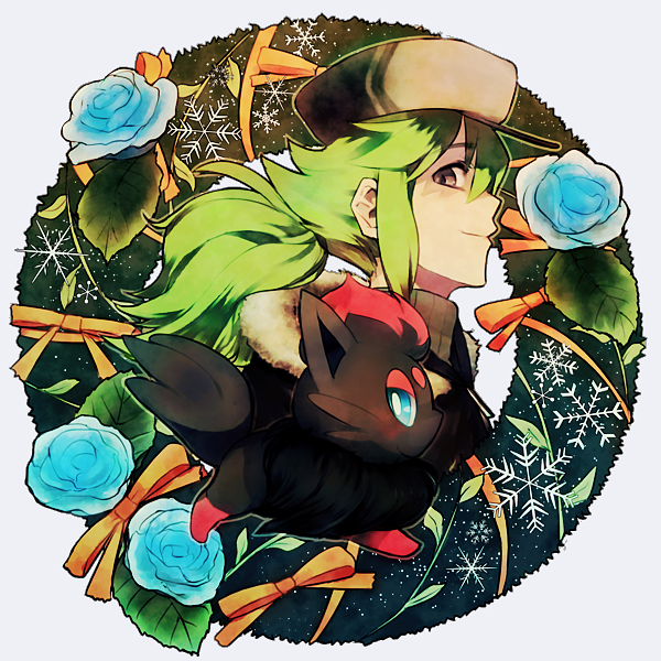 baseball_cap, blue_rose, flower, fur_coat, fur_trim, green_hair, hat, male