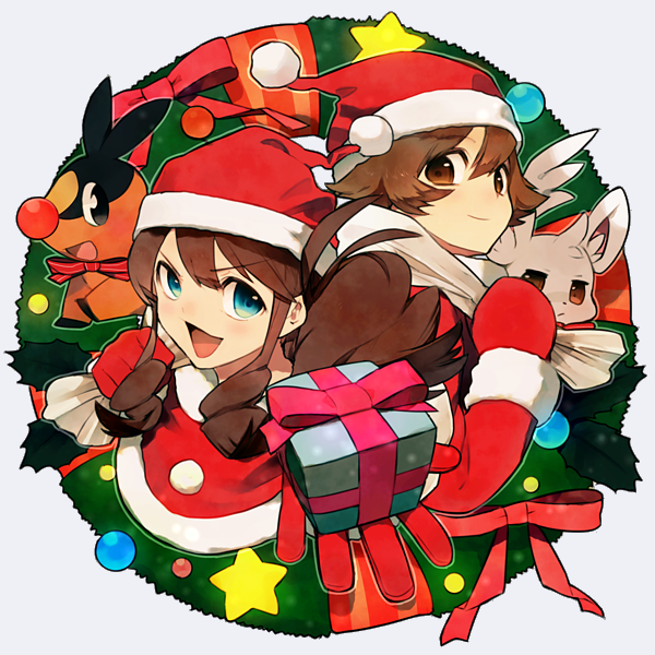 bad_id, blue_eyes, brown_eyes, brown_hair, fur_trim, gift, hat, minccino