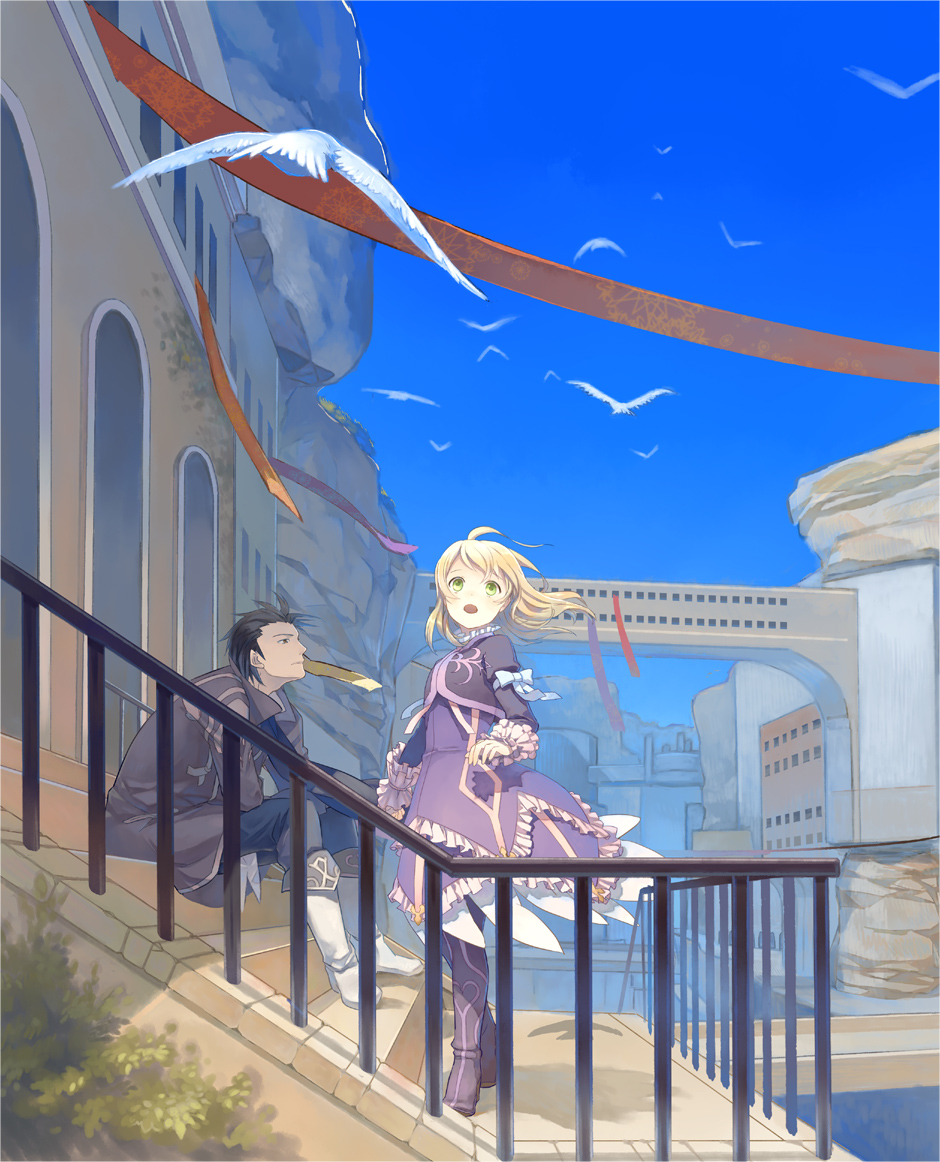 1girl, alvin_(tales_of_xillia), bird, blonde_hair, elise_lutus, green_eyes, looking_up, open_mouth