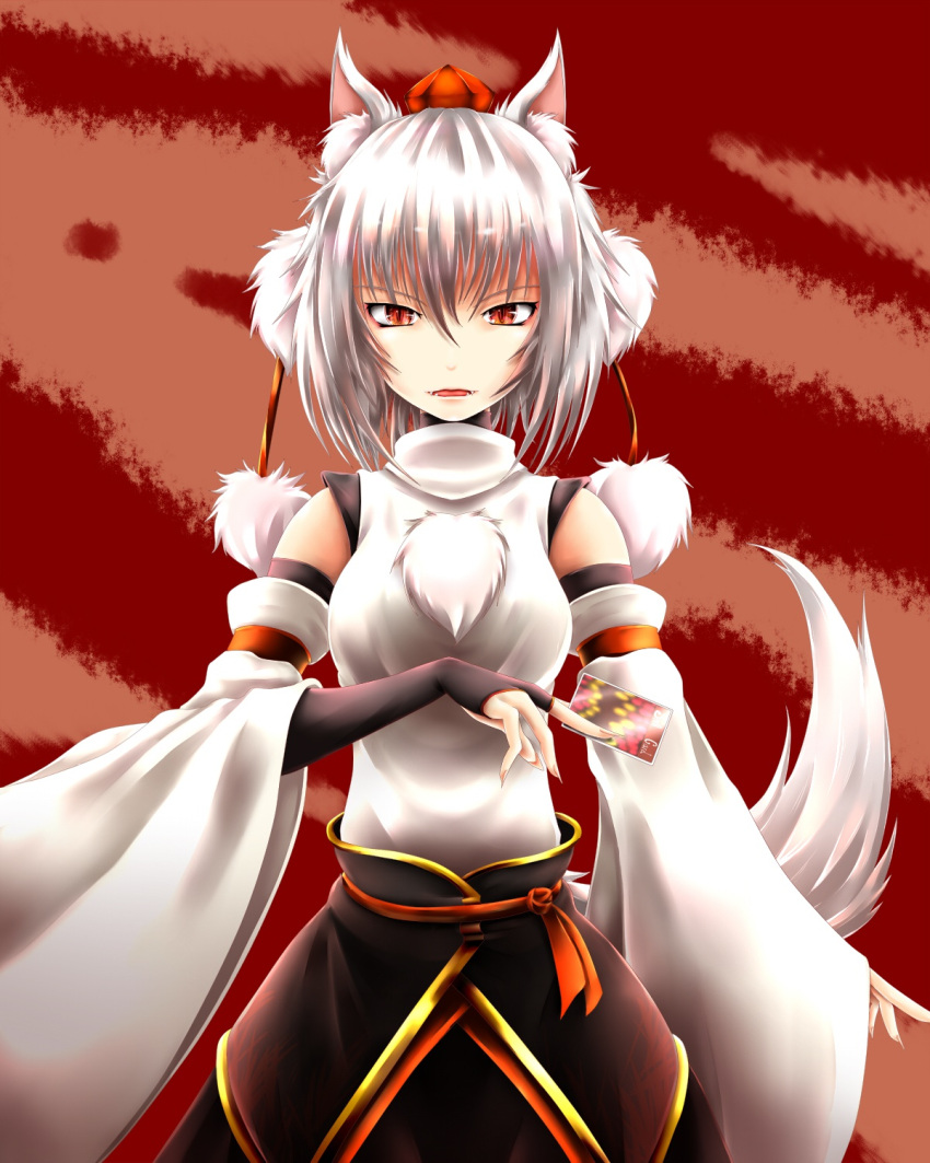 animal_ears, card, detached_sleeves, fangs, fingerless_gloves, gloves, hat, highres
