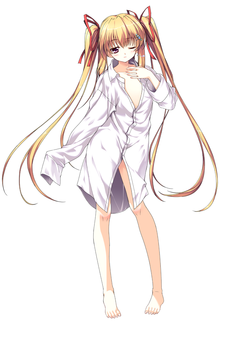 1girl, barefoot, blonde_hair, dress, dress_shirt, flat_chest, hair_ornament, hair_pin