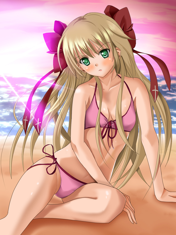 bikini, blonde_hair, blush, green_eyes, mayoi_neko_overrun!, meitoku, orange_(meitoku), serizawa_fumino