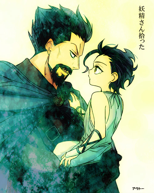 ahoge, beard, black_hair, cape, carrying, child, facial_hair, fate/stay_night
