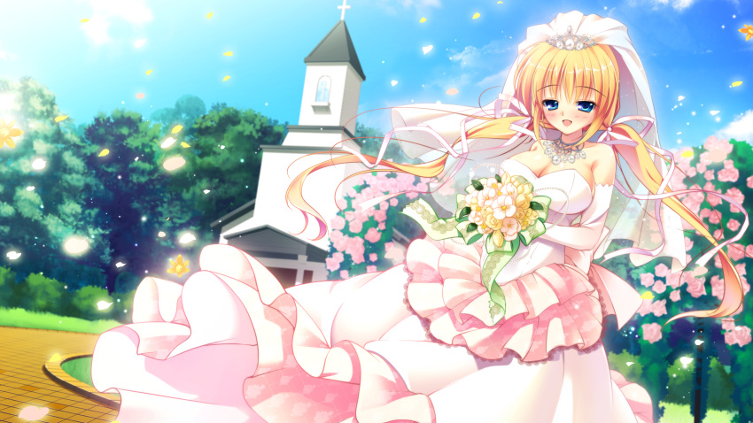 blue_eyes, flower, game_cg, kazamatsuri_mana, manatsu_no_yoru_no_yuki_monogatari, mikeou, wedding, wedding_dress
