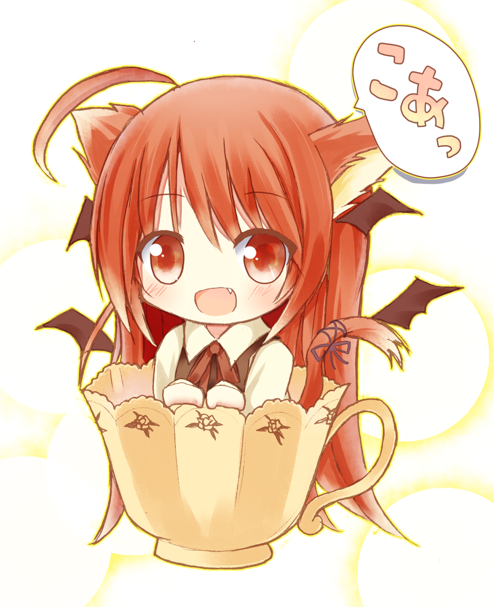 1girl, :d, ahoge, animal_ears, bat_wings, blush, bowtie, cat_ears