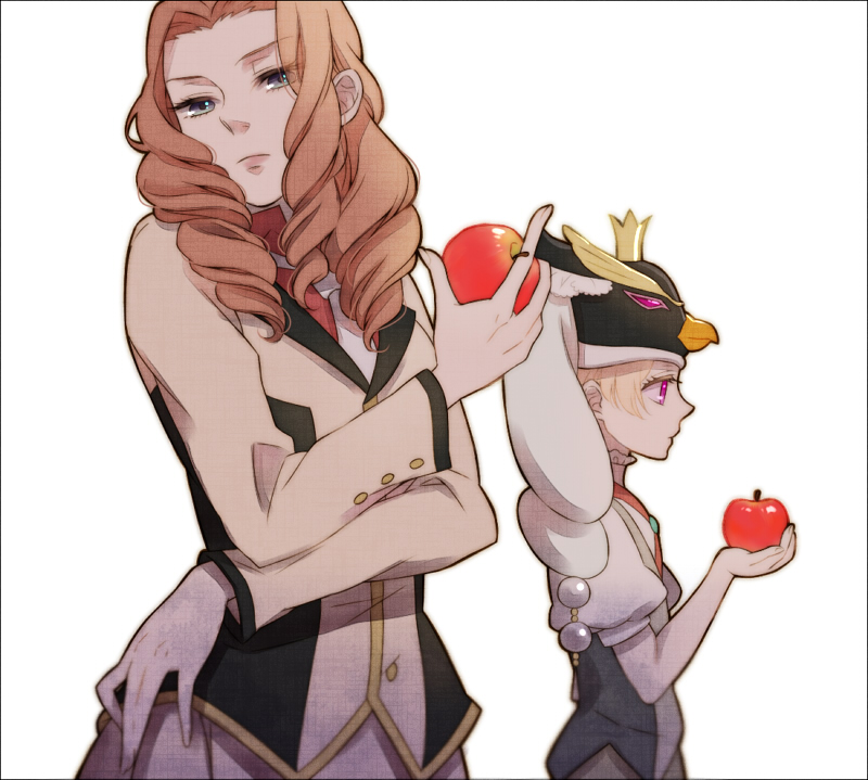 1girl, animal_hat, apple, bird, blazer, blonde_hair, blue_eyes, border