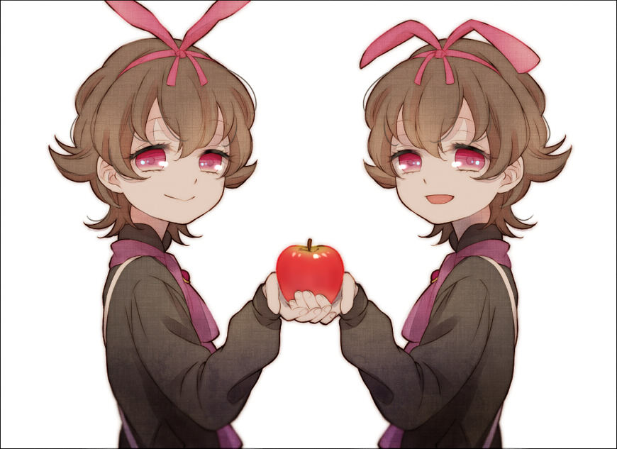 :>, apple, ascot, black_hair, border, brooch, brothers, food