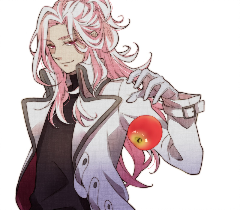 apple, border, coat, food, fruit, gloves, long_hair, looking_at_viewer