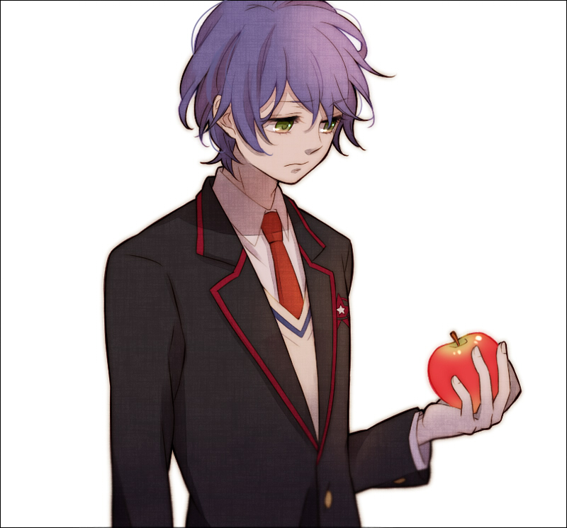 apple, blazer, blue_hair, border, food, fruit, green_eyes, holding