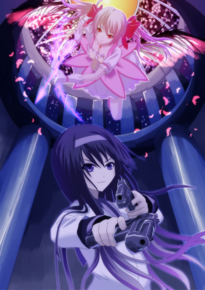 akemi_homura, arrow, bad_id, blazer, bow_(weapon), desert_eagle, dual_wielding, gun