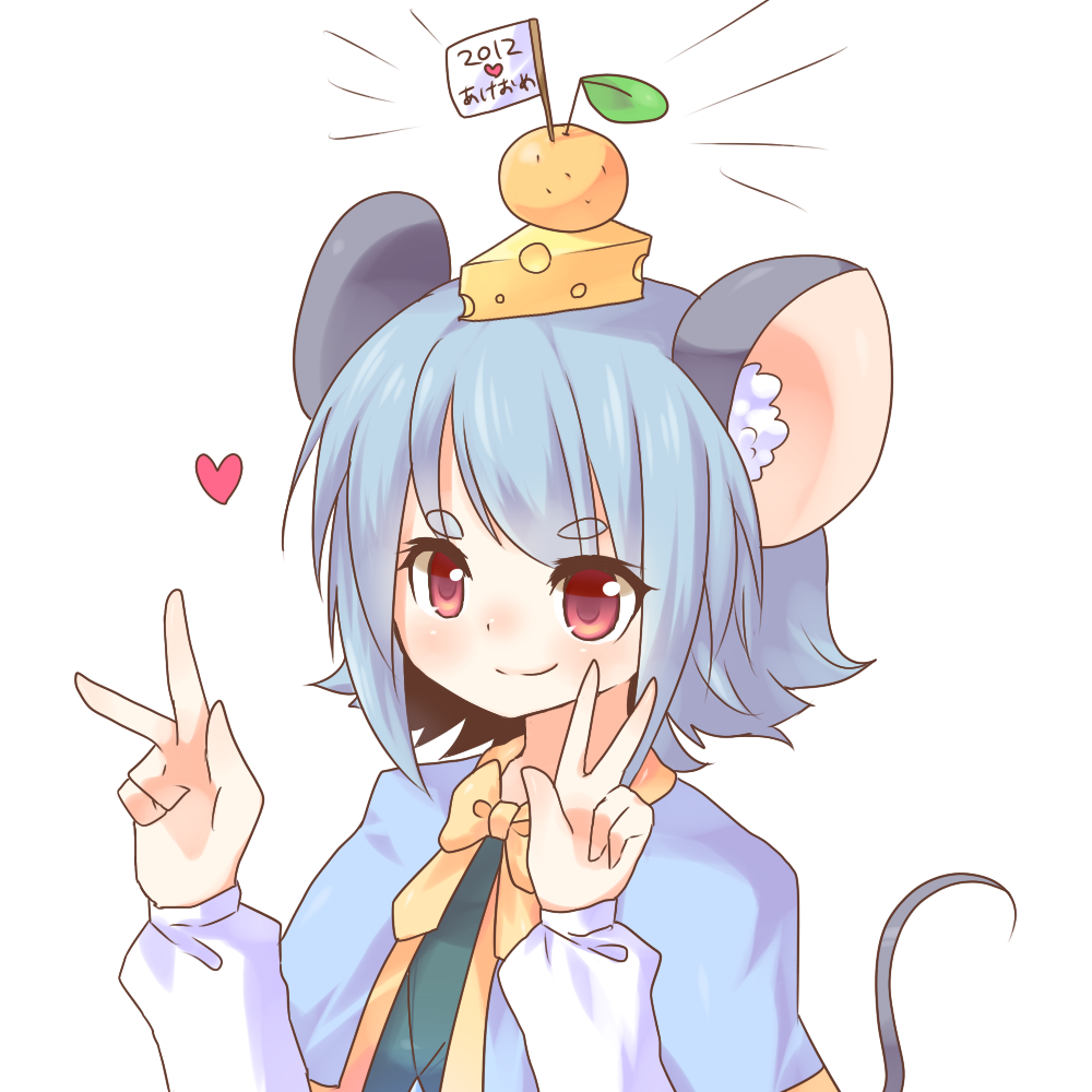 2012, akeome, animal_ears, bow, capelet, cheese, food, fruit