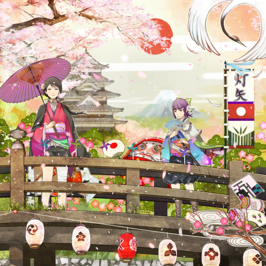 banner, bird, boots, bridge, castle, cherry_blossoms, cloud, crane