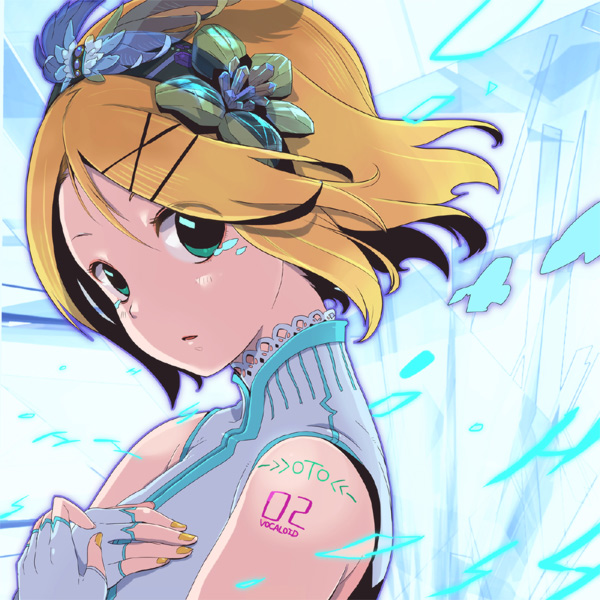 aqua_eyes, blonde_hair, face, flower, hair_flower, hair_ornament, hairclip, kagamine_rin