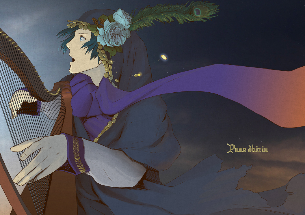 blue_hair, feather, flower, frostheim, furumi_shouichi, hair_flower, hair_ornament, harp