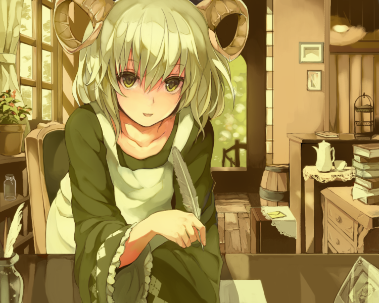 apron, barrel, book, bust, chair, collarbone, green_eyes, green_hair