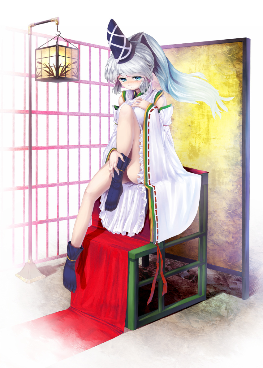 bare_legs, blue_eyes, blue_legwear, blush, breasts, danbo_(rock_clime), detached_sleeves, footwear