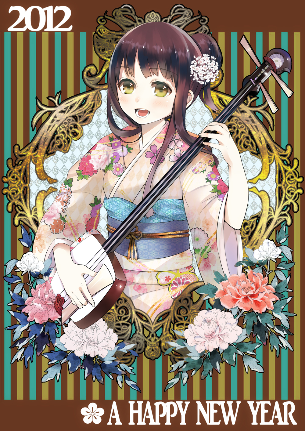 2012, bachi, black_hair, blush, copyright_request, floral_print, flower, hair_bun