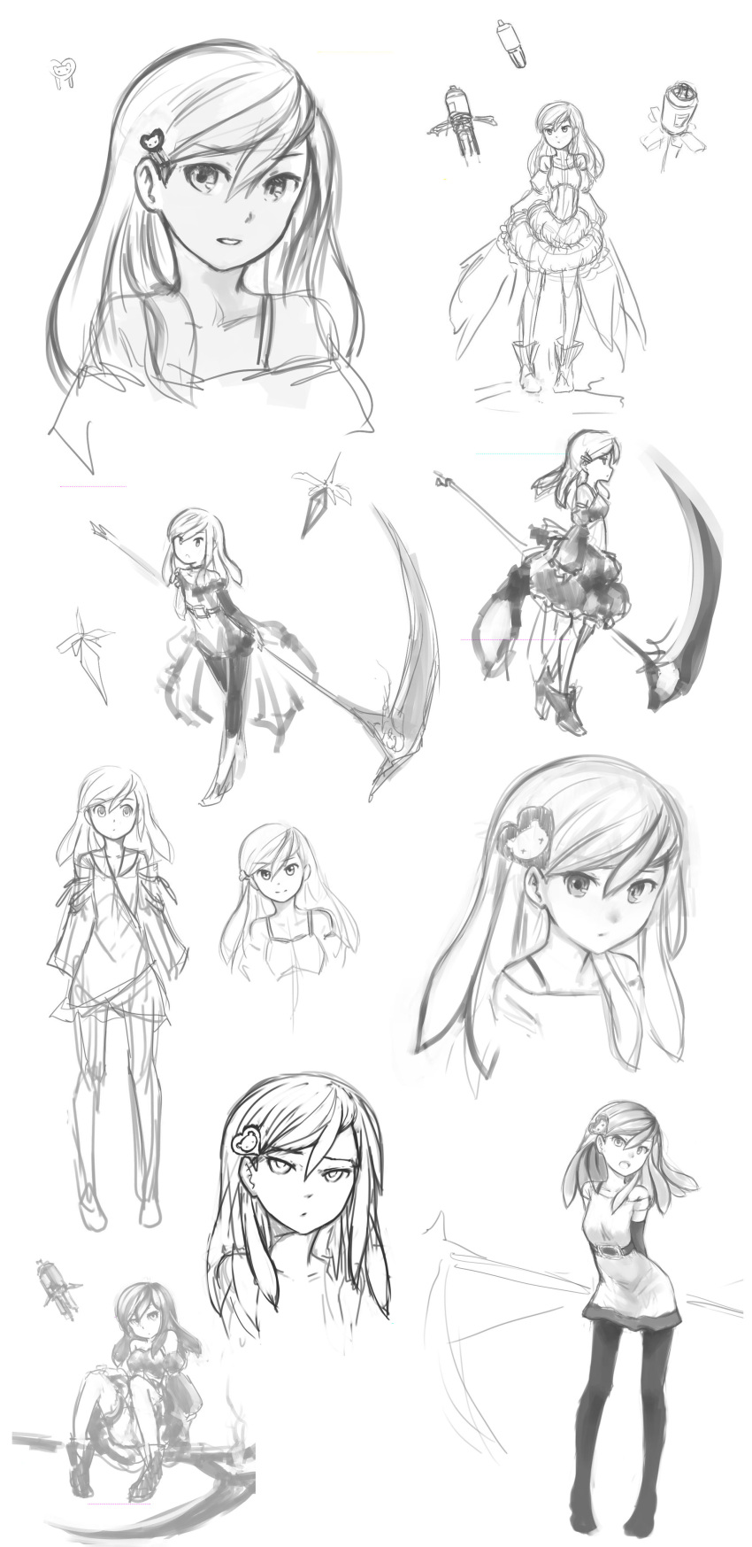 absurdres, bare_shoulders, bubble_skirt, character_sheet, detached_sleeves, dress, hair_ornament, hairclip