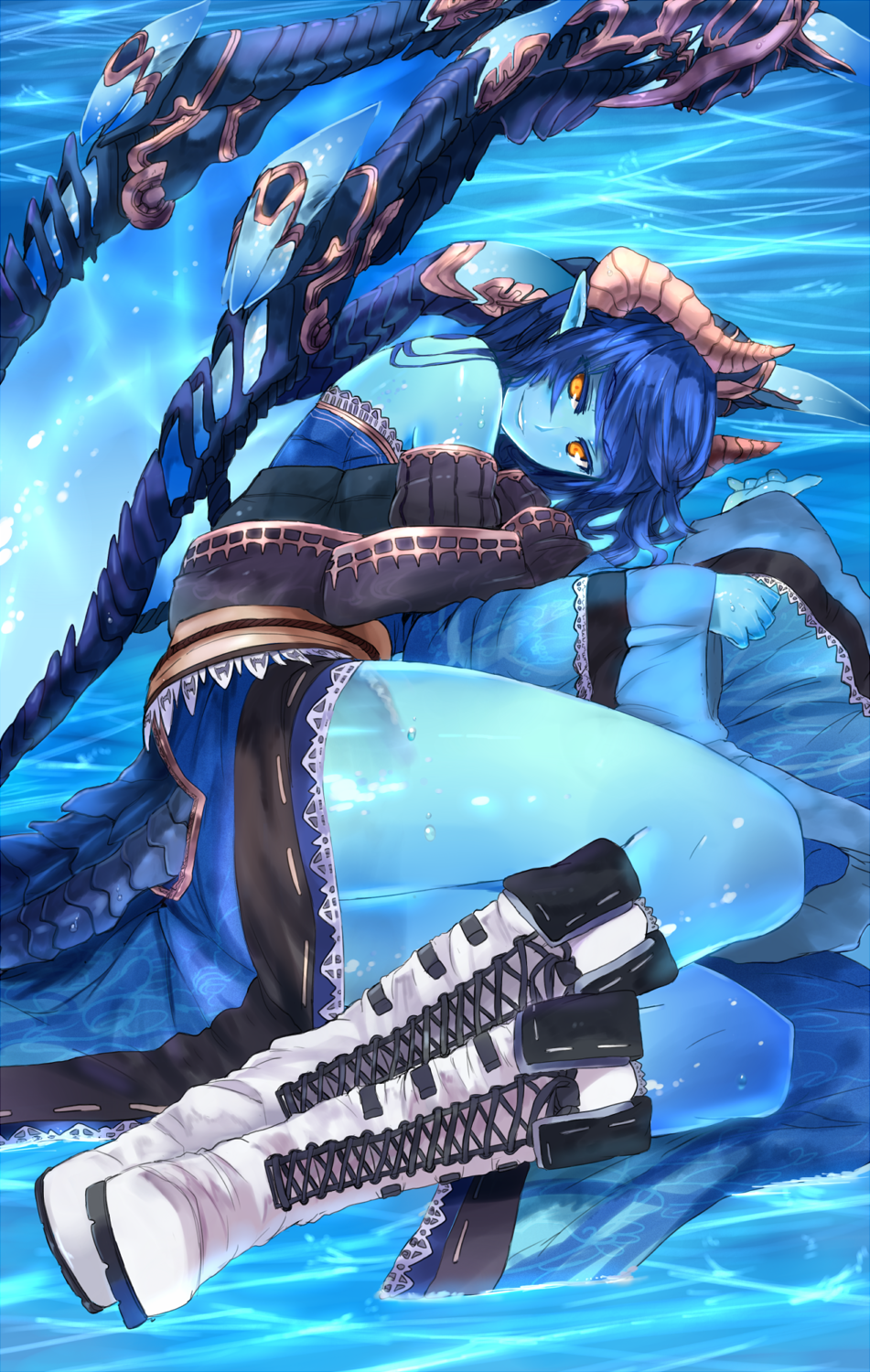 bare_shoulders, blue_hair, blue_skin, boots, copyright_request, cross-laced_footwear, detached_sleeves, dragon_girl