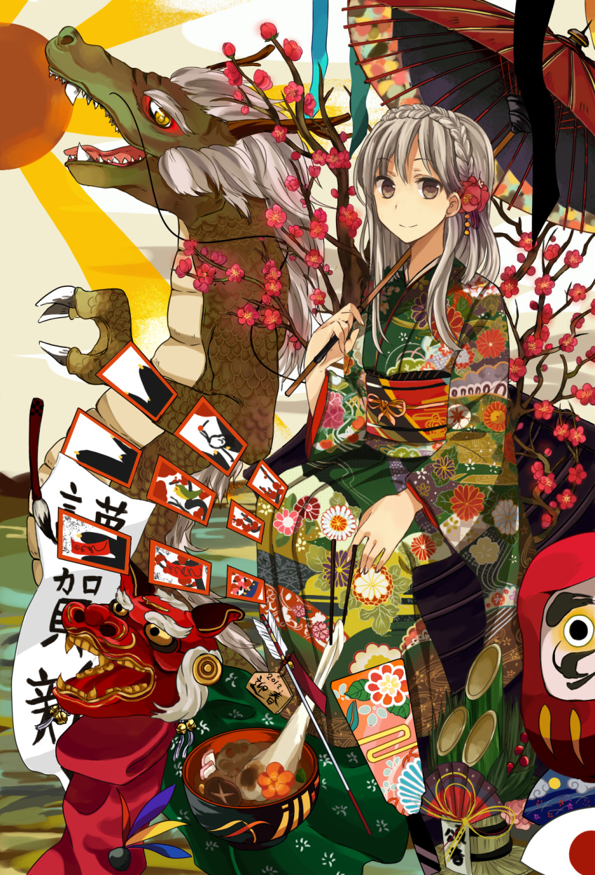 arrow, bowl, braid, calligraphy_brush, card, cherry_blossoms, chopsticks, daruma_doll, dragon, dragon_dance, eastern_dragon, ema, floral_print, food, grey_eyes, hagoita, hair_ornament, hamaya, hanafuda, highres, japanese_clothes, kadomatsu, kimono, mizuhiki, mochi, new_year, obi, oriental_umbrella, original, paddle, paintbrush, sash, silver_hair, smile, solo, tomoyami, twig, umbrella, wagashi, zoni_soup, zouni_soup