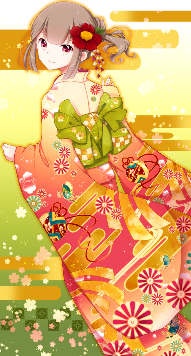 1girl, akaimo_satsuma, bangs, bow, brown_hair, egasumi, floral_print, flower, from_behind, goma_(11zihisin), hair_flower, hair_ornament, highres, japanese_clothes, kimono, male, new_year, obi, original, patterned, ponytail, purple_eyes, red_eyes, shippou_(pattern), short_hair, smile, solo, trap, turning, violet_eyes, wide_sleeves