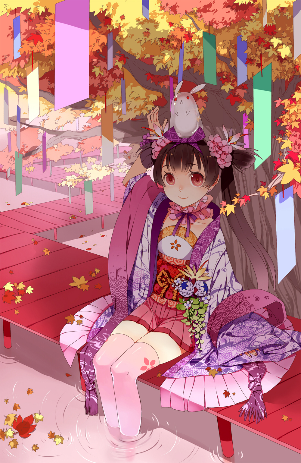 :<, animal_on_head, arm_up, brown_hair, feet_in_water, floral_print, flower, hair_flower
