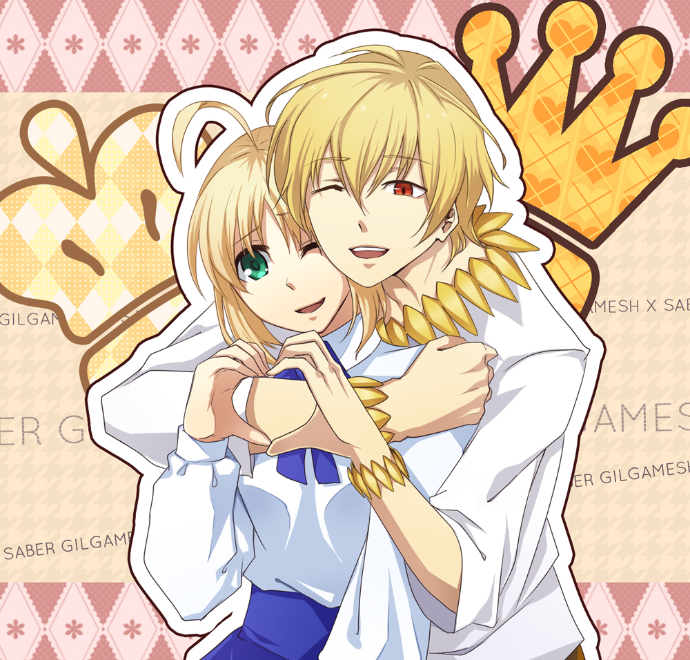 1girl, ahoge, blonde_hair, blue_eyes, character_name, couple, english, fate/stay_night, fate_(series), gilgamesh, heart, heart_hands, heart_hands_duo, hug, hug_from_behind, jewelry, necklace, open_mouth, red_eyes, saber, short_hair, shuryougospel13, smile