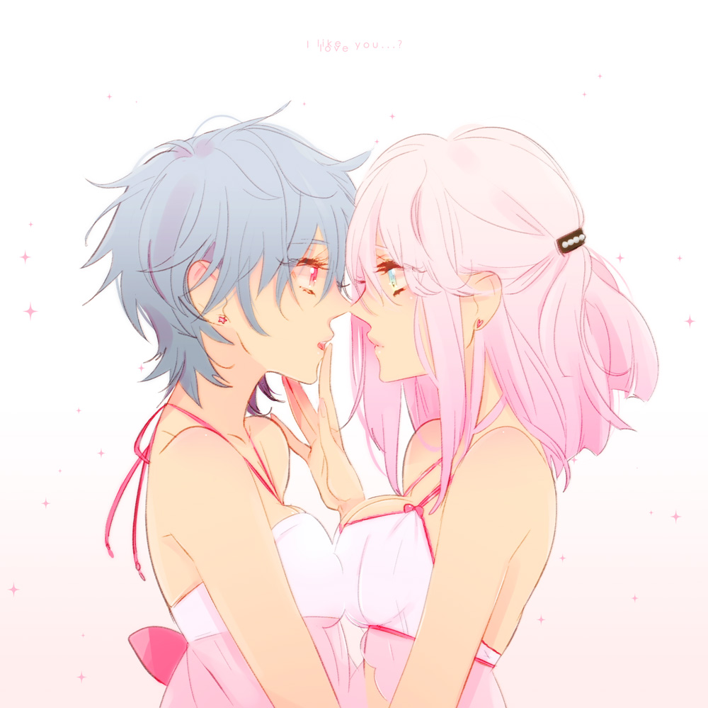 bare_shoulders, blue_eyes, blue_hair, breast_press, breasts, earrings, english, eye_contact