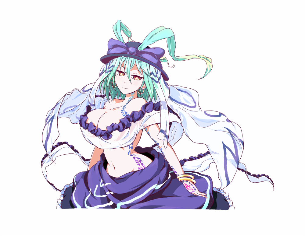 aqua_hair, bare_shoulders, bracelet, breasts, cleavage, curvy, earrings, female, hat, hips, jewelry, joyfull_(terrace), kthanid, kusare_panda, kutanido, large_breasts, long_skirt, m.u.g.e.n, mound_of_venus, navel, no_panties, ribbon, short_hair, simple_background, skirt, solo, standing, tattoo, top, veil, wide_hips, yellow_eyes