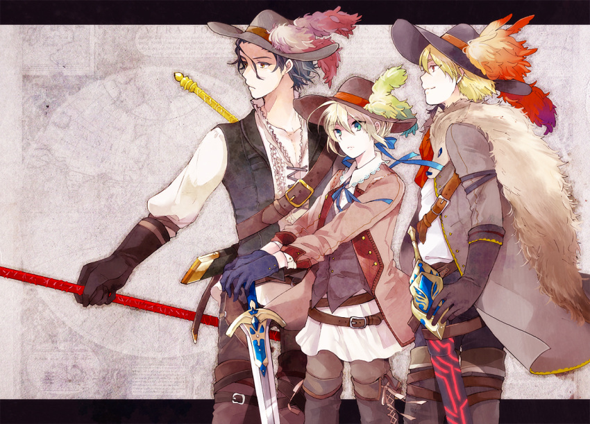 2boys, black_hair, blonde_hair, coat, cosplay, ea_(fate/stay_night), excalibur, fate/stay_night, fate/zero, fate_(series), gae_buidhe, gae_dearg, gilgamesh, gloves, green_eyes, hair_ribbon, hat, lancer_(fate/zero), matsuko, multiple_boys, polearm, red_eyes, ribbon, saber, short_hair, spear, sword, the_three_musketeers, weapon, yellow_eyes