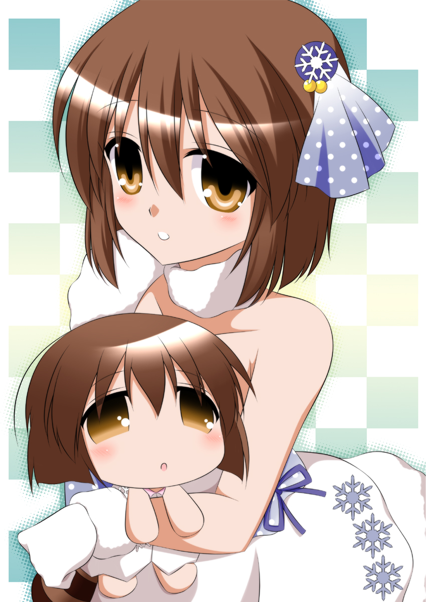 blush, brown_eyes, brown_hair, chibi, dress, dual_persona, gloves, hagiwara_yukiho