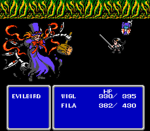 battle, black_hair, blue_skin, bow, dress, fake_screenshot, filia_(skullgirls), final_fantasy, futakuchi-onna, hammer, hat, health_bar, leviathan_(skullgirls), mechanical_arms, orange_hair, parody, peacock_(skullgirls), pixel_art, purple_dress, purple_hair, samson_(skullgirls), size_difference, skullgirls, squiggly_(skullgirls), squigly_(skullgirls), standing, sword, top_hat, weapon