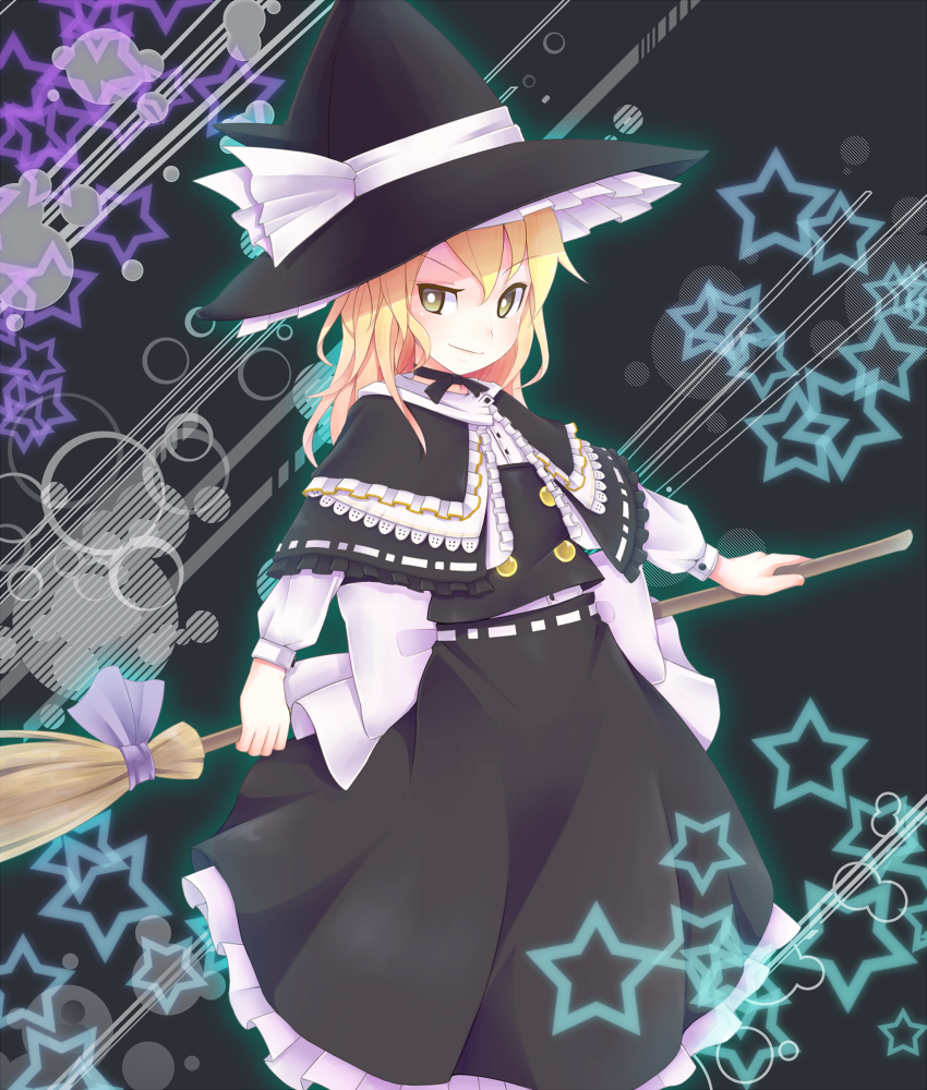 blonde_hair, bow, broom, fai_(zigzagflamberge), frills, hat, kirisame_marisa, long_hair