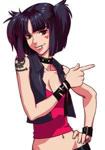 black_hair, brown_eyes, choker, cleavage, gaia_online, lipring, moira_(gaia_online), tattoo, twintails