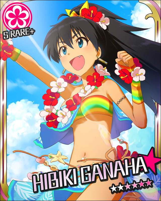 bikini, black_hair, blue_eyes, breasts, character_name, earrings, fang, flower