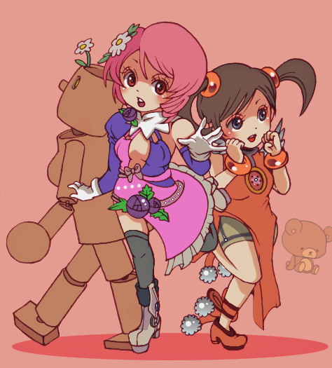 3girls, alisa_boskonovich, android, boots, breasts, brown_hair, center_opening, chibi
