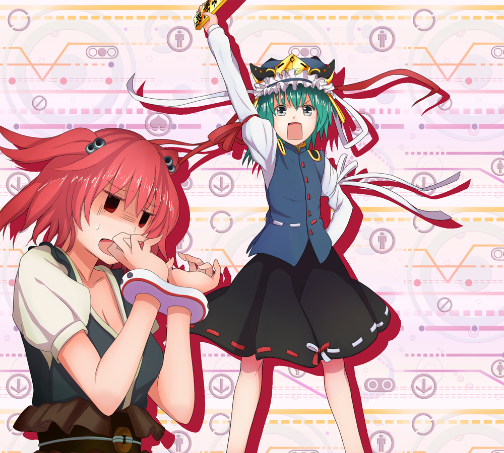 cuffs, green_hair, grey_eyes, hair_bobbles, hair_ornament, handcuffs, hat, mawaru_penguindrum
