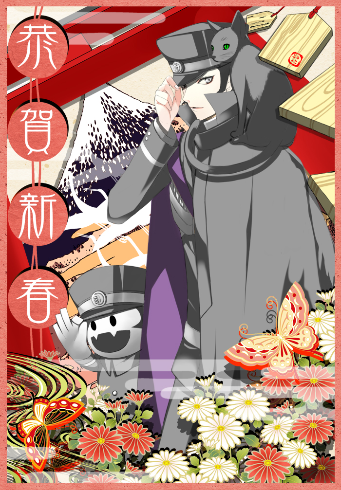animal_on_shoulder, black_cat, butterfly, cape, cat, flower, hand_on_hat, hat