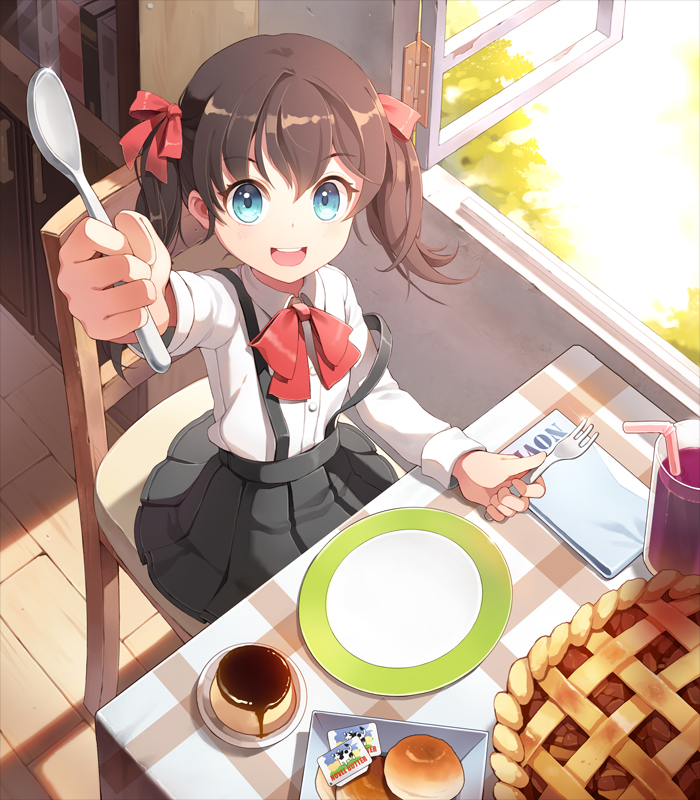 blue_eyes, book, bookshelf, bow, brown_hair, butter, chair, child