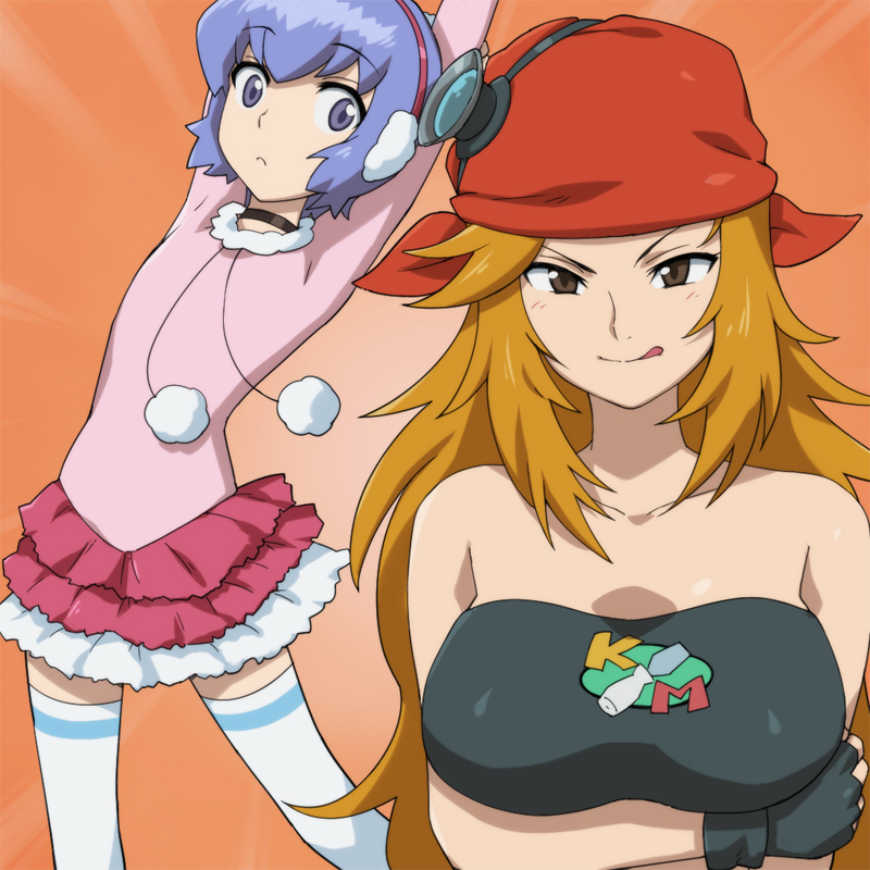:q, bare_shoulders, blue_eyes, blue_hair, brown_eyes, character_request, danball_senki, earmuffs