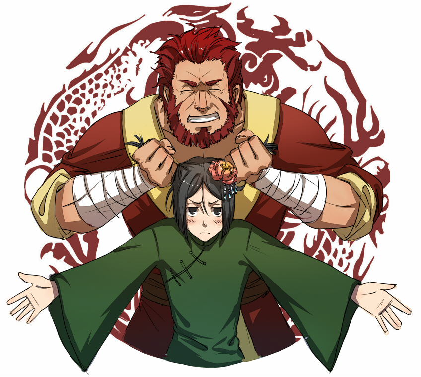 2boys, bangs, beard, black_eyes, black_hair, blush, chinese_clothes, dragon