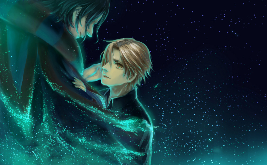 2boys, brown_eyes, brown_hair, caster_(fate/zero), fading, fate/zero, fate_(series), male, mujun_no_kuro, multiple_boys, star_(sky), uryuu_ryuunosuke