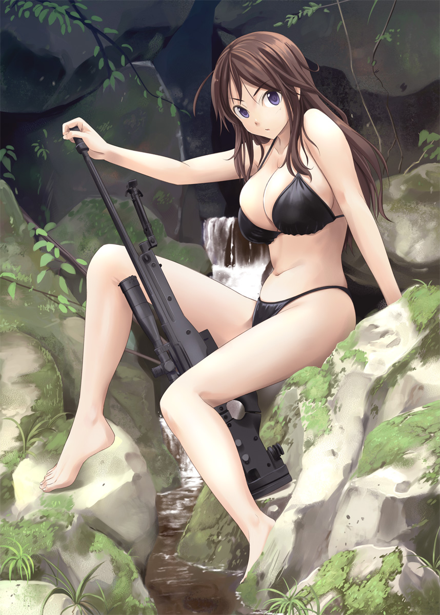 arm_support, artist_request, barefoot, bikini, bipod, blue_eyes, bolt_action, breasts